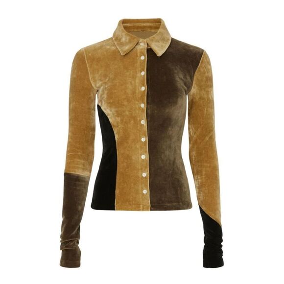 TheOpen Product Brown Paneled Velvet Button Up Top - Picture 2 of 9